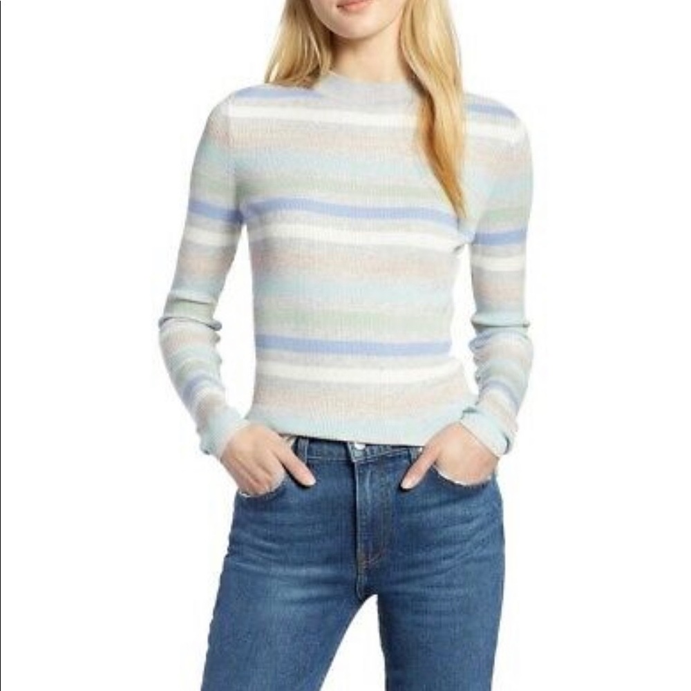 Halogen xAtlantic-Pacific Shimmer Stripe Cashmere Blend Pastel Sweater